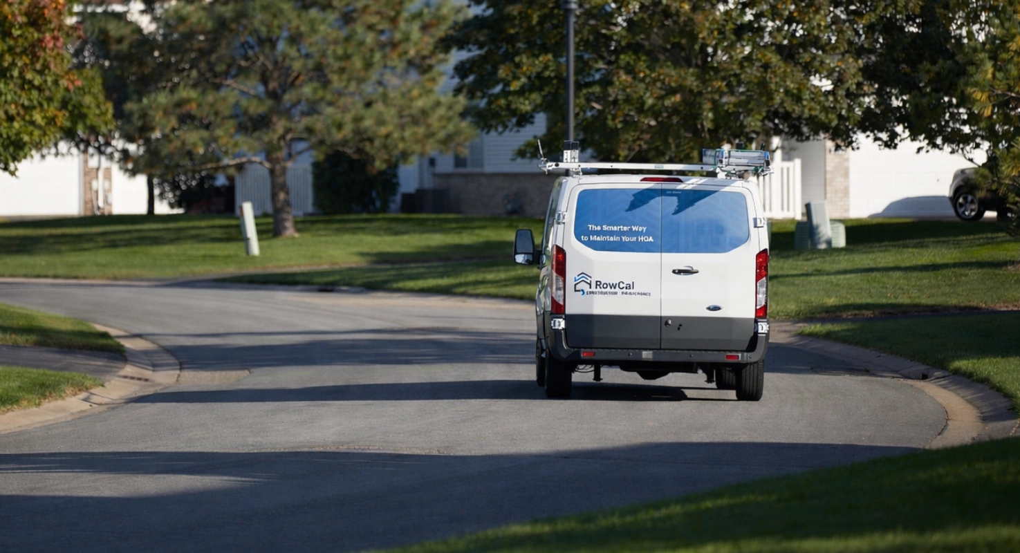 RowCal service van outside in a New England residential neighborhood.