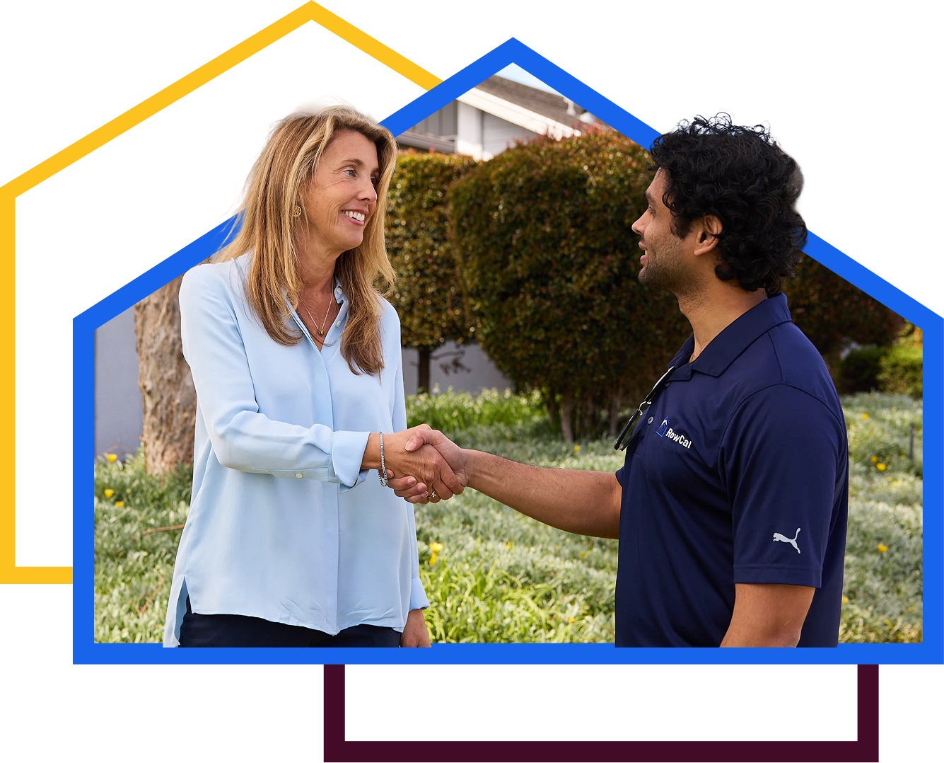 HOA property manager shaking hands with a homeowner outside a residential community